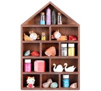 Threehoney House Shaped Wooden Shadow Cubby Box 10 W x 2 1/4 D x 15 H Hanging Display Shelf Organizer Wall Mounted Curio Cabinet Wooden Display Case Miniature Shelf for Figures(Brown)