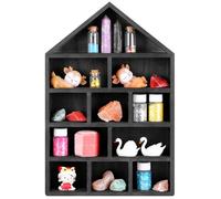 Threehoney House Shaped Wooden Shadow Cubby Box Hanging Display Shelf Organizer Wall Mounted Curio Cabinet Wooden Display Case Miniature Shelf for Figures(Black,10 x 15 x 2.24 Inch)