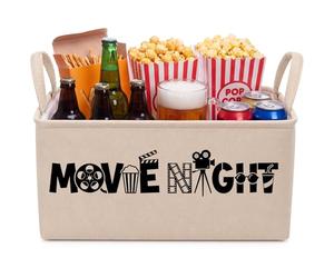 Threehoney Movie Night Snack Basket with Handles Reusable Burlap Linen Organizer Large Collapsible Storage Bins Boxes for Movie Nights Holiday Parties Gifts Snacks Home Storage(Jute,Classic)