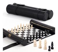 ThreeMoves Roll Up Chess Set - Foldable Leather Chess Mat with Chess Pieces - Portable Travel Chess Set with Straps - Perfect Chess Game for Airplane, Camping, and more (Black/White)