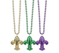 Threetols 12pcs Mardi Gras Bead Necklaces for Men Women, Gold Purple Green Mardi Gras Fleur De Lis Bead Necklace for New Orleans Masquerade Mask Carnival Party Supplies