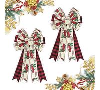 Threetols 2 PCS Large Christmas Bows for Wreath, Red Black Buffalo Plaid Wreath Bows Red Truck Bows for Front Door, Christmas Tree Bows for Winter New Year Indoor Outdoor Decor