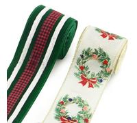 Threetols 2 Rolls 10 Yards Christmas Wired Edge Ribbons, 2.5inch Black White Stripe Velvet Ribbons, Glitter Wreath Vintage Red Buffalo Plaid Ribbon for Winter Xmas Party DIY Craft Wreath Bow Decor