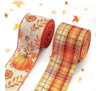 Threetols 2 Rolls 10 Yards Fall Wired Edge Ribbons, 2.5inch Orange Plaid Burlap Ribbons, Autumn Leaves Pumpkin Ribbon for Thanksgiving Party DIY Craft Fall Wreath Bow Decor
