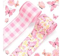 Threetols 2 Rolls 10 Yards Floral Butterfly Wired Edge Ribbon, 2.5inch Pink White Buffalo Plaid Burlap Ribbon, Pink Gift Wrapping Ribbon for Farmhouse Party DIY Craft Spring Wreaths Bow Decoration