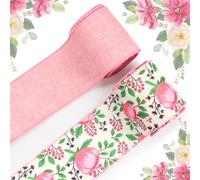 Threetols 2 Rolls 10 Yards Floral Wired Edge Ribbon, 2.5inch Pink Flower Burlap Ribbon, Pink Gift Wrapping Ribbon for Farmhouse Party DIY Craft Spring Wreaths Bow Decoration