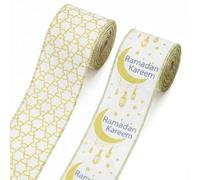 Threetols 2 Rolls 10 Yards Ramadan Mubarak Wired Edge Ribbons, 2.5inch White Gold Moon Burlap Ribbon, Lantern Mesh Ribbon for Eid Islamic Muslim Mosque DIY Craft Wreath Bow Wedding Party Decor