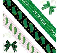 Threetols 3 Rolls 15 Yards Pickles Ribbons, 3/5" Cucumber Printed Grosgrain Ribbon Green Pink Stripe Pickle Party Theme Wrapping Craft Ribbons for Kind of A Big Dill Theme Decoration