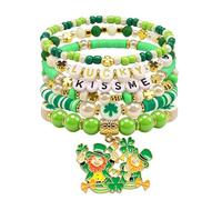 Threetols 6 Pack St. Patrick's Day Stackable Beaded Bracelet Irish Lucky Leaf Shamrock Bracelets Green Beaded Stretch Bracelet Holiday Charm Bracelets Festive Jewelry Gifts for Women