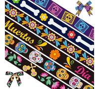 Threetols 6 Rolls 18 Yards Day of The Dead Ribbons, 3/8" Dia De Los Meurtos Grosgrain Ribbons Black Flower Sugar Skull Ribbons Wrapping Craft Ribbons for Mexican Halloween Theme Party Decorations