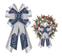 Threetols Large Christmas Bows for Wreath, Silver Glitter Wreath Bow Winter Dot Bows for Front Door, Blue Farmhouse Ornament Burlap Tree Topper Bows for Xmas Indoor Outdoor Decoration