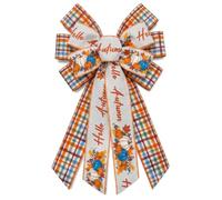 Threetols Large Fall Bow for Wreath, Orange Buffalo Plaid Wreath Bows Pumpkin Bow for Front Door, Autumn Farmhouse Ornament Tree Topper Bows for Thanksgiving Indoor Outdoor Decoration