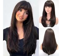 Thrift Bazaar Dark Brown Wig With Bangs For Women Long Straight Layered Wigs Synthetic Layered Hairstyle For Girls Party Cosplay And Daily Use(26" Dark Brown)