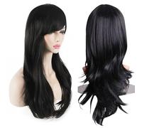 THRIFT BAZAAR Wavy Layered Women’s Heat Resistant 28-Inch 70cm Long Curly Hair Wig with Wig Cap, Black