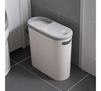 Thrink 10L Slim Bathroom Trash Can - Modern White Waste Bin with Grey Trim | Touch Top Lid & Handle | Compact Garbage Bin for Kitchen, Bedroom, Living Room, Office, Toilet & Small Home Spaces
