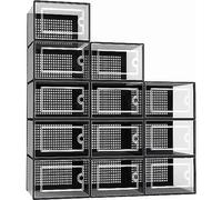 Thrink 12 X Shoe Storage Boxes - Clear Transparent Shoe Organizer - For Effortless Stacking - With Rear Ventilation Holes - Easy Assembly - Sturdy & Durable - Space Saving - Black Door Frame