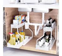Thrink 2 Pack Under Sink Storage Organiser - 2 Tier Sliding Cabinet Shelf with Pull Out Drawer, Bathroom & Kitchen Storage Rack with 4 Hooks, Space Saving Solution for Cupboards Utility Room (White)