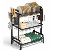 Thrink 3 Tier Dish Drying Rack Stainless Steel with Removable Drip Trays, Large Capacity Kitchen Dish Drainer for Plates Bowls Glasses, Cutlery Holder with Knife & Chopping Board Storage