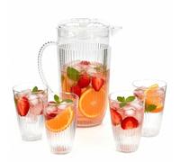 Thrink 5 Piece Flute Design Plastic Drinkware Set, 2L Jug with Lid and 4 x 400ml Cups, Clear BPA Free Shatterproof Pitcher for Water, Juice, Lemonade, Smoothies, Cocktails and Family Meals