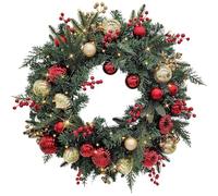 Thrink 60cm Pre-Lit Artificial Christmas Wreath - Battery Operated with 35 LED Lights, Faux Greenery, Red & Gold Baubles, Berry Accents - Holiday Front Door Xmas Decoration (Classic Red & Gold)
