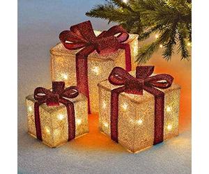 Thrink Christmas Parcel LED Light Up Set with Bow | With 35 White LEDs Lights | Sparkling Parcel To Use Under A Christmas Tree Fireplace, Windowsill | Cream & Red