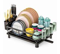 Thrink Dish Drainer Rack with Drip Tray, Sink Dish Drainer with Drainage Spout, Dish Drying Rack, Utensil & Cutting Board Holders for Kitchen Counter Space-Saving - Black