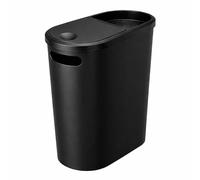 Thrink Slim 10L Black Bathroom Bin with Push Lid, Space Saving Plastic Trash Can with Carry Handle and Top Shelf for Bathroom, Bedroom, Kitchen, Living Room or Office