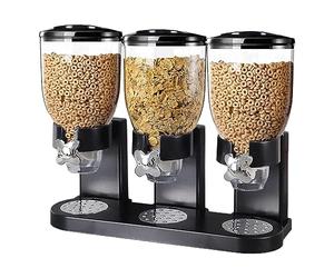 Thrink Triple Cereal Dispenser - Classic Dry Food Canister for Cornflakes, Candy, Nuts, Beans, Granola - Kitchen Storage Dispenser, Black - 3 x 2L Containers for Fresh and Moisture-Free Storage