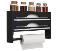 Wall Mounted Bamboo Cling Film And Foil Dispenser With Cutter And Roll Holder 4 In 1 Wrap Organiser Rack Black