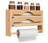 Thrink Wall Mounted Bamboo Cling Film & Foil Dispenser with Cutter and Kitchen Roll Holder - 4-in-1 Wrap Organiser Rack Compatible with 12" or Smaller Rolls - Space-Saving Kitchen Dispenser (Natural)