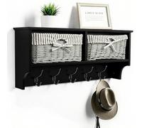 Thrink Wall Mounted Coat Rack - White Wooden Shelf with 2 Grey Wicker Baskets & 5 Strong Double Hooks - Stylish Hallway Storage & Entryway Organiser for Coats, Jackets, Bags, Hats & Scarves (Black)