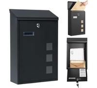Thrink Wall Mounted Letter Box, Waterproof Lockable Galvanized Mail Box with 2 Keys, Nameplate & 3 Viewing Windows Large Black Post Box 40H x25W x10D Cm Outside For Home & Office