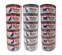 Thrive Cat Food Wet Complete Bundle containing 18 Tinned Cat Food sets (6 x 75g Thrive Tuna Fillet, 6 x 75g Thrive Chicken Breast & Chicken Liver, 6 x 75g Sardine & Mackerel)