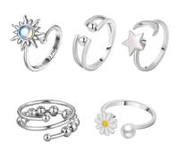 ThrivingAura 5Pcs Anxiety Ring for Women, Fidget ring, Adjustable Open Fidget rings, Twist Rings for Anxious Women Teen Girls, Moon and Stars Adjustable Teens Rings Birthday Party Gifts
