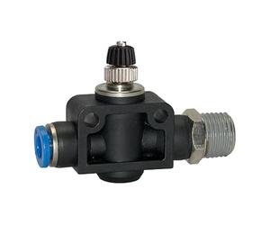 Throttle check valve »Blue Series«, straight, R 1/4 a., for hose A-Ø 12 mm, working dr. Max. 15bar, KS/MS vern., throttle S-G