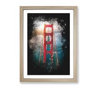 Through The Golden Gate Bridge Paint Splash Modern Framed Print | A4 Oak Framed Wall Art | Ready to Hang | Modern Cityscape Picture | Living Room Bedroom Lounge Office