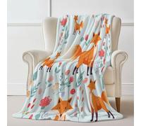 Throw Blanket 100×130 cm, Cartoon Flowers Animals Fox Printed, Cozy Soft Fall Blankets for Couch Sofa Bed, Lightweight White Throws Like Shawl, Autumn Thanksgiving Home Decor Gift