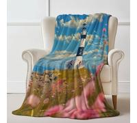 Throw Blanket 100×130 cm, Nature Flower Field Blue Sky Lighthouse Printed, Cozy Soft Fall Blankets for Couch Sofa Bed, Lightweight Blue Throws Like Shawl, Autumn Thanksgiving Home Decor Gift