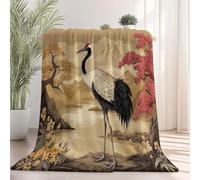 Throw Blanket 180 x 200 cm - Super Soft Flannel Fleece Blanket for Adults & Boys Girls Kids, Lightweight Anti-pilling Cozy Warm Oriental Birds Mountains Bed Couch Sofa Blankets, Brown