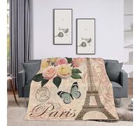 Throw Blanket 40x50 Inch,Vintage Paris Flower Eiffel Towel Rose Cozy Soft Lightweight Fuzzy Flannel Blanket 50x40 Inch Suitable for Couch Bed Sofa Living Room in All Seasons