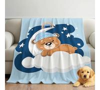 Throw Blanket Animals Sleeping Bear Clouds Stars for Kids Baby, Blue Cartoon, 150 x 180 cm Soft Lightweight Breathable Microfibre Flannel Fleece Bed Throw for Sofa Couch