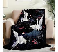 Throw Blanket Baby Size - Oriental Ink Painting Birds Printed Warm Fleece Blanket for Chair Sofa Bed, Black Soft Fuzzy Sherpa Blanket for Kids Boys Girls Bedroom 100 x 140cm