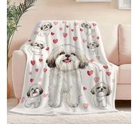 Throw Blanket Cartoon Hand-Painted Shih Tzu pattern, Ultra-Soft Cozy Fleece Blankets, Lightweight Flannel Blanket for Couch Sofa Bedding Home Decor 70 x 100 cm, White