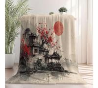 Throw Blanket Double Size - Oriental Traditional Ink Painting Printed Warm Fleece Blankets for Chair Sofa Bed, Cream Soft Fuzzy Sherpa Blanket for Kids Boys Girls Bedroom 150 x 200cm
