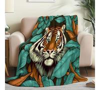 Throw Blanket Double Size - Retro Jungle Animals Tiger Printed Warm Fleece Blankets for Chair Sofa Bed, Blue-Green Soft Fuzzy Sherpa Blanket for Kids Boys Girls Bedroom 150 x 200cm