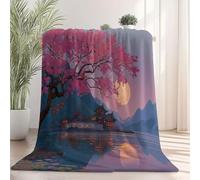 Throw Blanket Double Size - Traditional Cherry Blossoms Lake Reflections Printed Warm Fleece Blankets for Chair Sofa Bed, Purple Soft Fuzzy Sherpa Blanket for Kids Boys Girls Bedroom 150 x 200cm