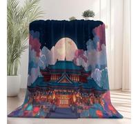 Throw Blanket Double Size - Traditional Chinese Architecture Palace Printed Warm Fleece Blankets for Chair Sofa Bed, Dark Blue Soft Fuzzy Sherpa Blanket for Kids Boys Girls Bedroom 150 x 200cm