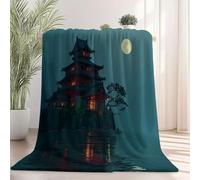 Throw Blanket Double Size - Traditional Japanese Temple Moon Printed Warm Fleece Blankets for Chair Sofa Bed, Blue-Gray Soft Fuzzy Sherpa Blanket for Kids Boys Girls Bedroom 150 x 200cm