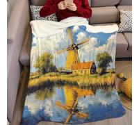 Throw Blanket Dutch windmill landscape Fleece Blanket 150 x 200 cm Fuzzy Super Soft Reversible Warm Flannel Blankets Couch Bed Sofa Adults Kids All Seasons