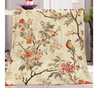 Throw Blanket Elegant Oriental Flowers Birds Warm Fleece Blanket Soft Warm Bed Blanket Dark Yellow Printed Flannel Blanket for Bed, Couch and Sofa 71 x 87 inch